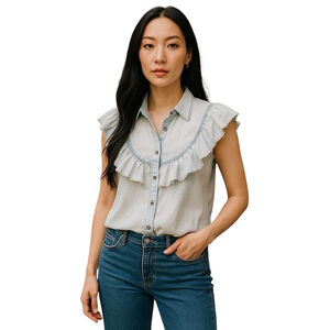 Liverpool Los Angeles Ruffle Top Womens L Blue Button Up Blouse Casual Summer